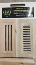 Hardwood and LVP vent covers with 'Exact Match VENTS' branding on a wooden surface