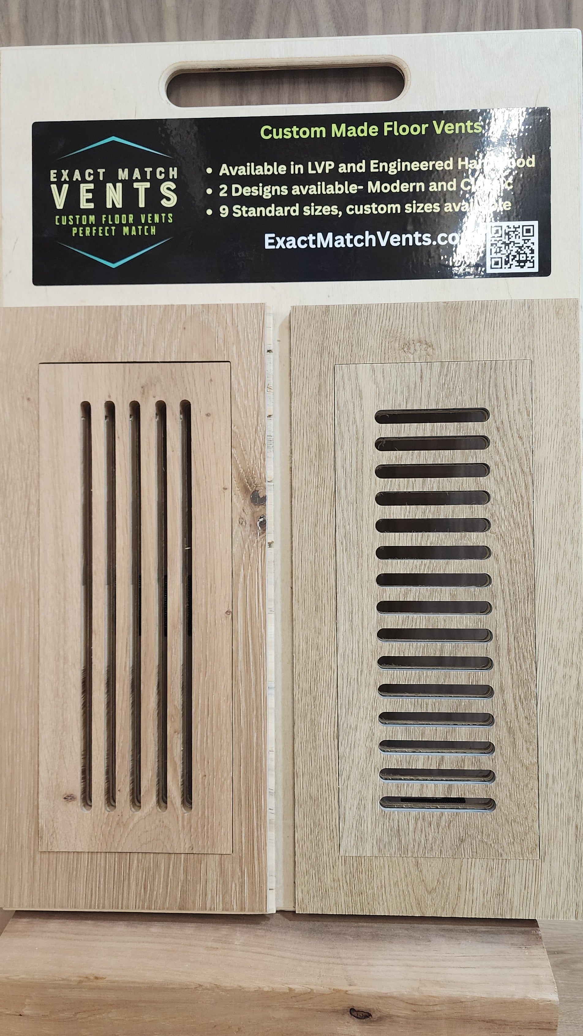 Hardwood and LVP vent covers with 'Exact Match VENTS' branding on a wooden surface