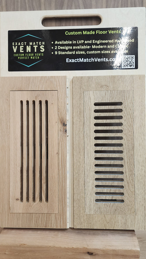 Hardwood and LVP vent covers with 'Exact Match VENTS' branding on a wooden surface